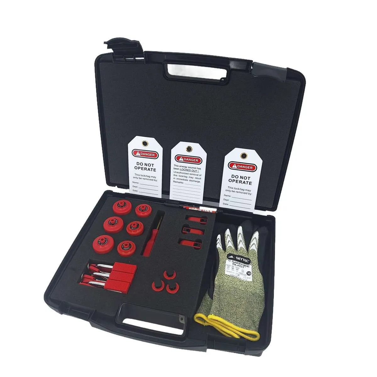 Dummy koffer Lock out tag out met werkhandschoenen