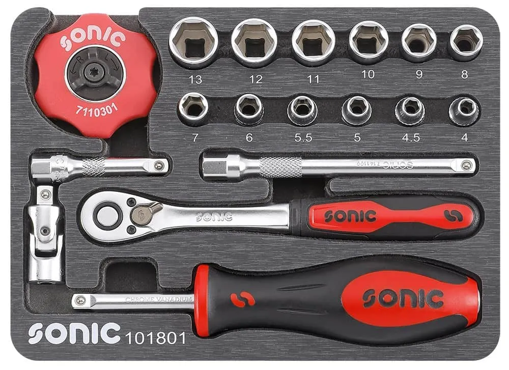 SONIC 101801 Doppenset 1/4”, 18-dlg. in metalen koffer